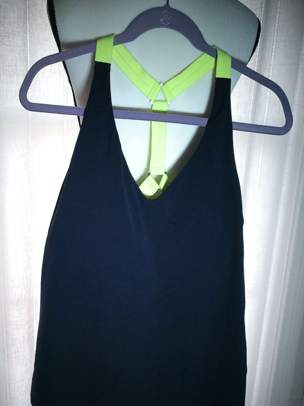 ATHLETA Swim Top Racerback & Built-in Bra Navy Blue w/Lime Green  S